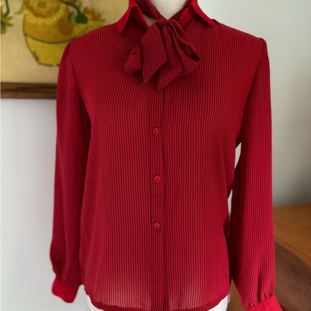Red pinstripe vintage blouse with tie-neck
